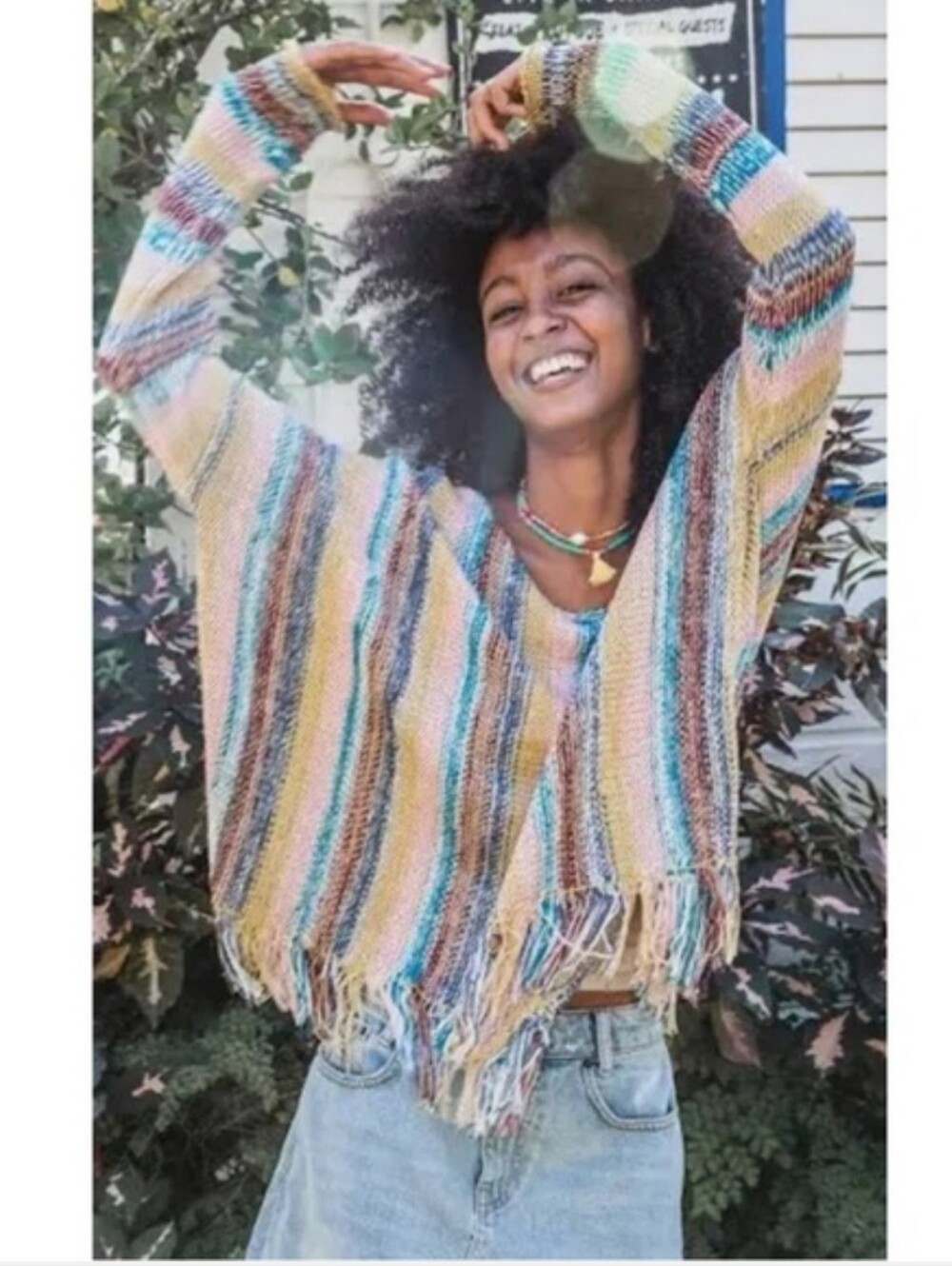 NATURAL LIFE Multicolor Stripe Fringe Sweater Size Small/Medium Boho Bohemian